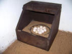Wooden box for a broody hen to hatch her eggs. With lid to close for training of young hens.